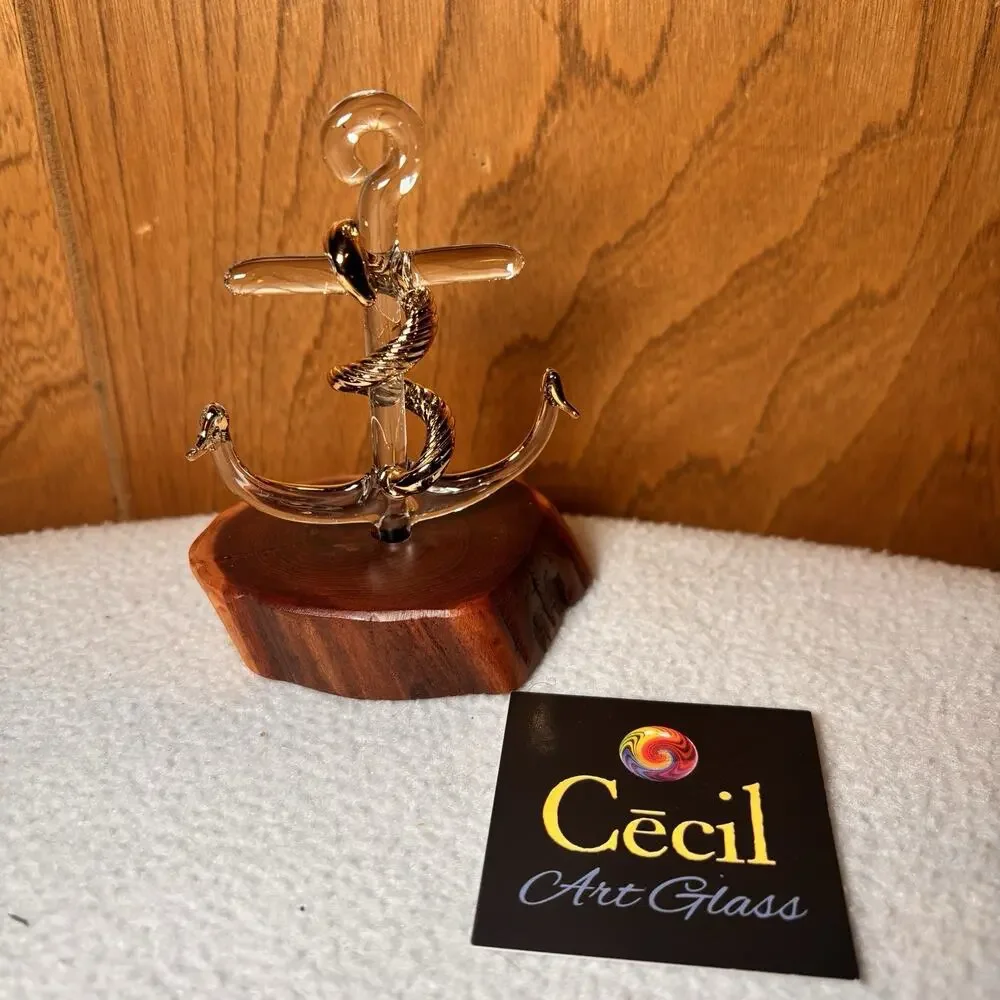 Cecil Art Glass Anchor Sculpture Wood Base Nautical Handmade Blown Glass 4 Inch